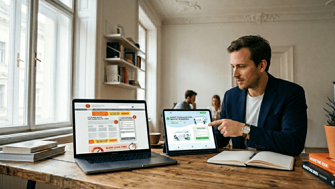 Geschäftsmann im dunkelblauen Sakko sitzt an einem Holztisch in einem hellen Büro und zeigt mit dem Stift auf den Bildschirm eines Laptops, auf dem ein Google-Ads-Dashboard mit Kampagnen-Übersicht zu sehen ist, daneben ein zweiter Laptop mit Performance-Diagrammen.