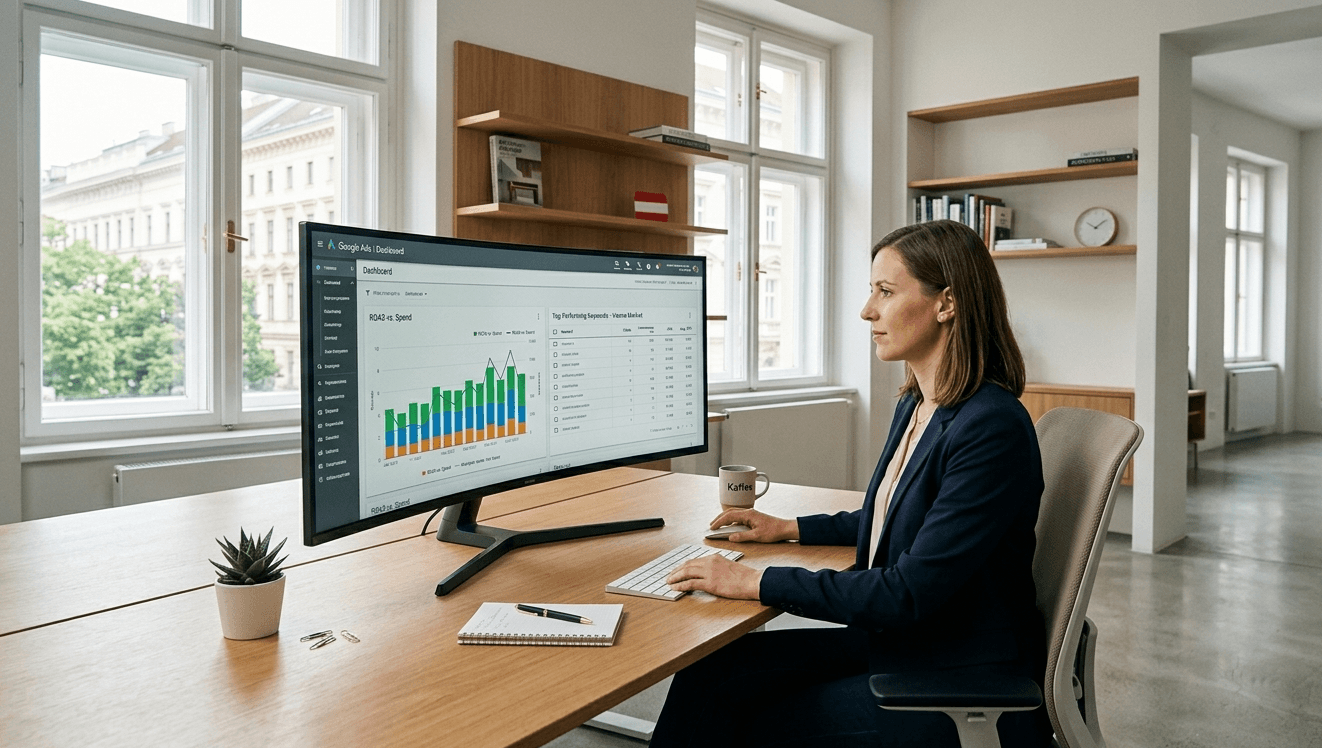 Frau am Schreibtisch analysiert Google-Ads-Daten auf großem Monitor mit Balkendiagrammen in modernem Büro mit Fensterblick.