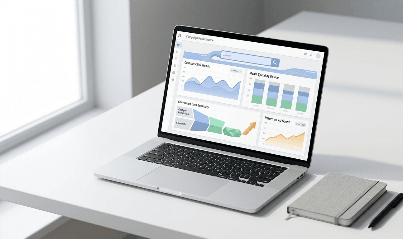 Laptop auf weißem Schreibtisch zeigt ein Google Ads Dashboard mit Diagrammen und Kennzahlen