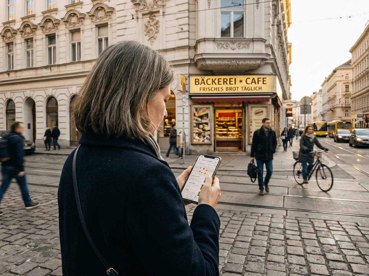 ``` Frau auf einer Wiener Straße sucht auf ihrem Smartphone nach einer Bäckerei in der Nähe. ```