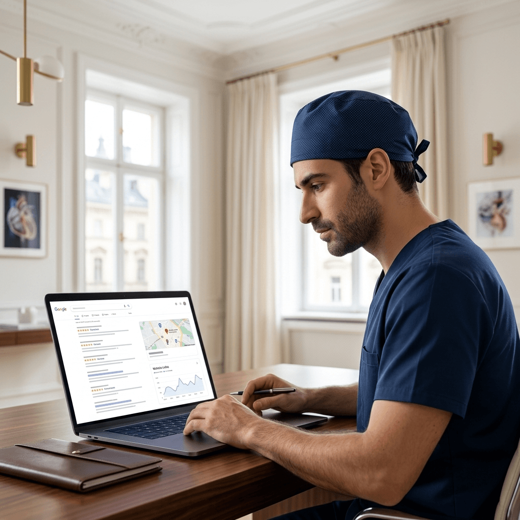 Arzt in OP-Kleidung arbeitet am Laptop mit Analyse-Dashboard am heimischen Schreibtisch