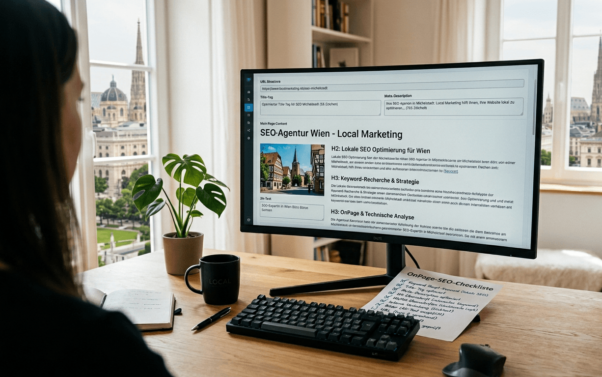 Person am Schreibtisch arbeitet am Monitor an einer SEO-Agentur-Wien-Landingpage mit Blick auf historische Wiener Dächer.