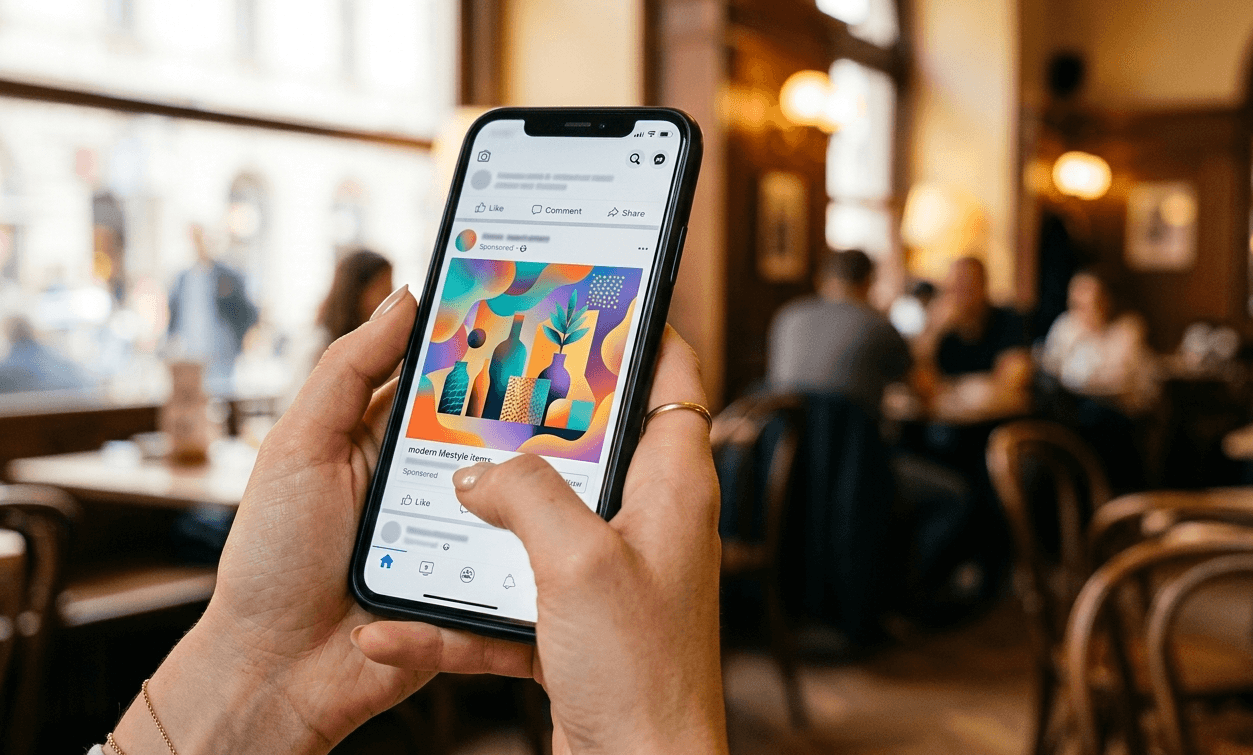 Nahaufnahme einer Hand, die ein Smartphone hält, während der Daumen durch einen Social-Media-Feed scrollt. Im Hintergrund unscharf ein Wiener Café im Nachmittagslicht.
